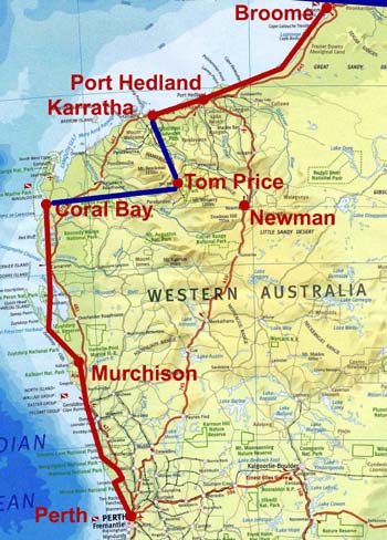 Route from Broome to Perth